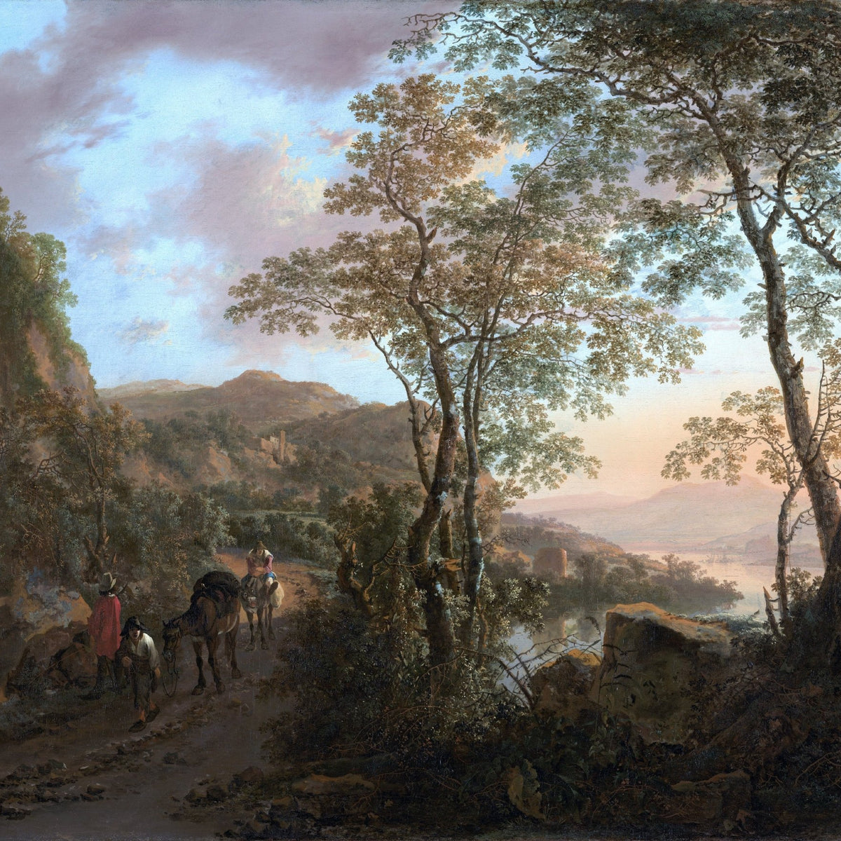 Hand painted landscape oil painting on canvas with mountain path, figures on horseback, and textured brushwork capturing. - Add Frame, Animal, Canvas, Figure, Hand Painted, Landscape, Made To Order, Mountain, Oil Painting, Road
