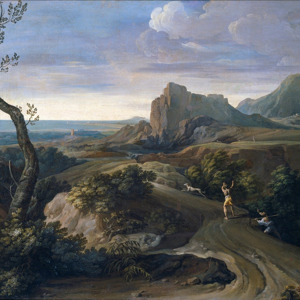 Hand-painted mountain path with hunters scene landscape oil painting on canvas