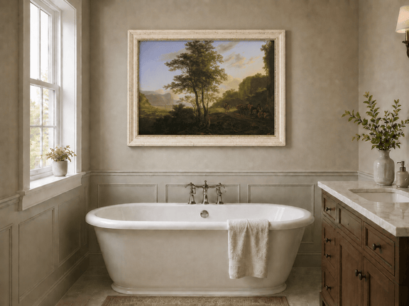 Mountain path with travelers at dusk landscape oil painting presented as interior home decor.