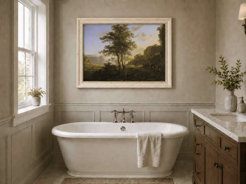 Mountain path with travelers at dusk landscape oil painting presented as interior home decor.