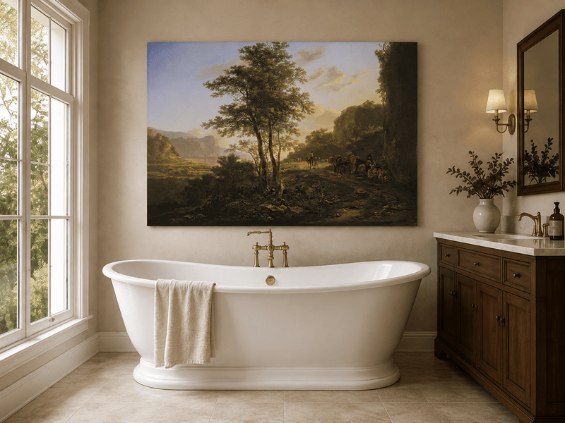 Mountain path with travelers at dusk landscape oil painting presented as styled home decor.