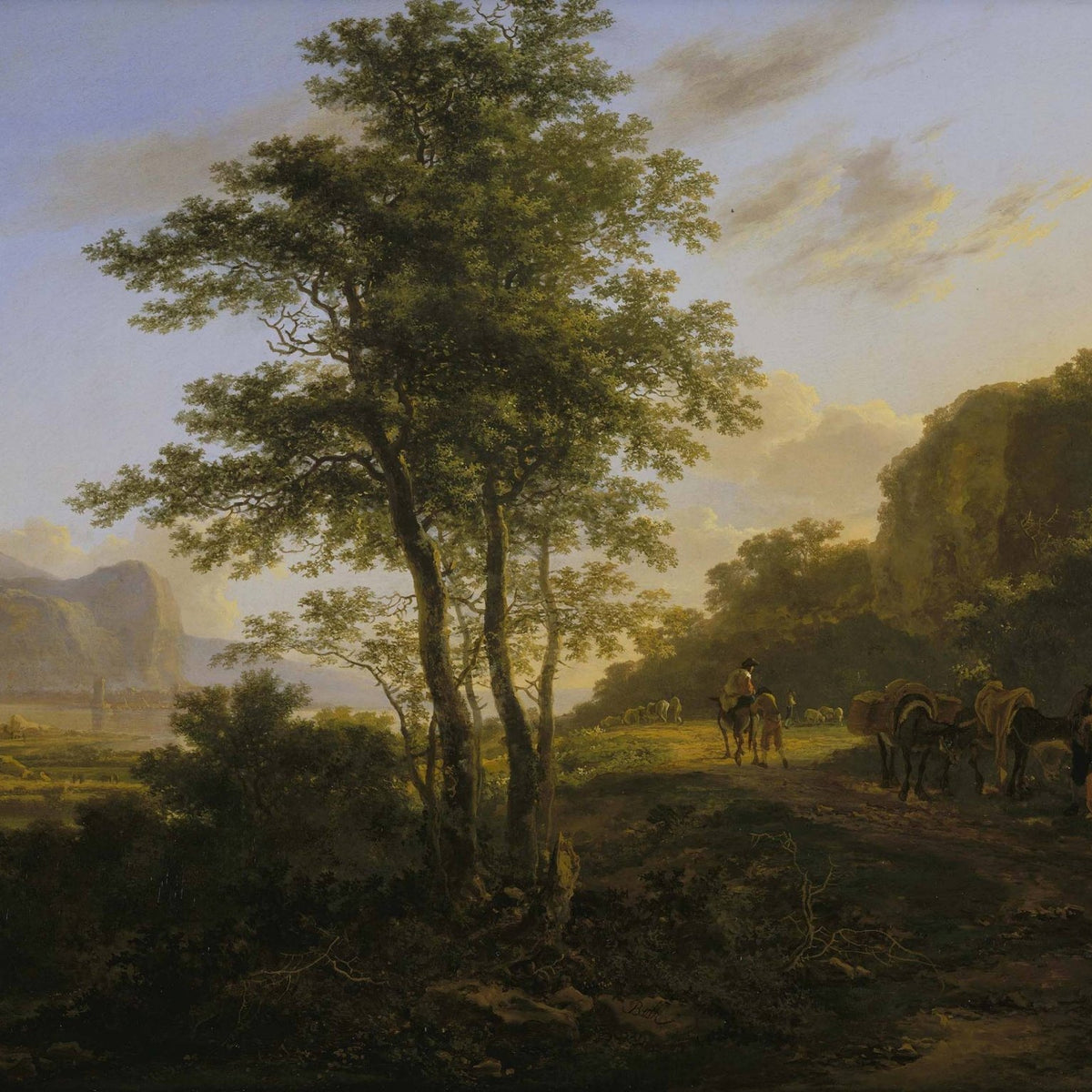 Hand-painted mountain path with travelers at dusk landscape oil painting on canvas