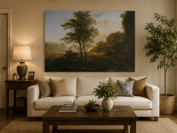 Mountain path travelers hand-painted oil artwork displayed in a second interior view.
