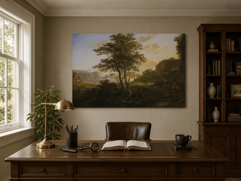 Interior wall art view featuring a mountain path with travelers at dusk oil painting.