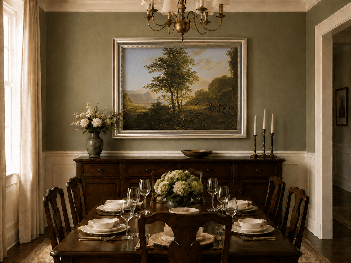 Dusk mountain path and travelers oil landscape artwork shown in a styled home interior.
