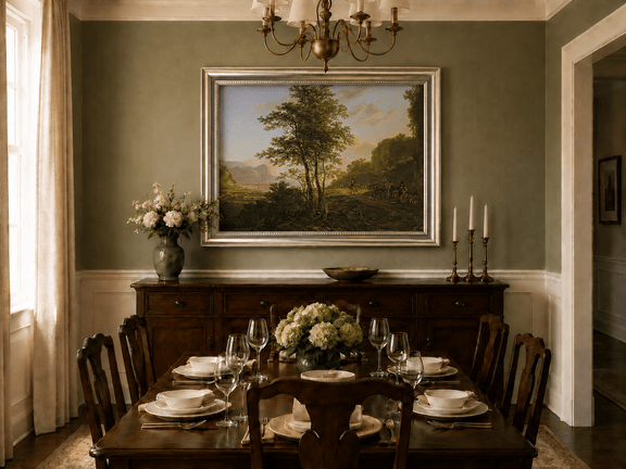 Dusk mountain path and travelers oil landscape artwork shown in a styled home interior.