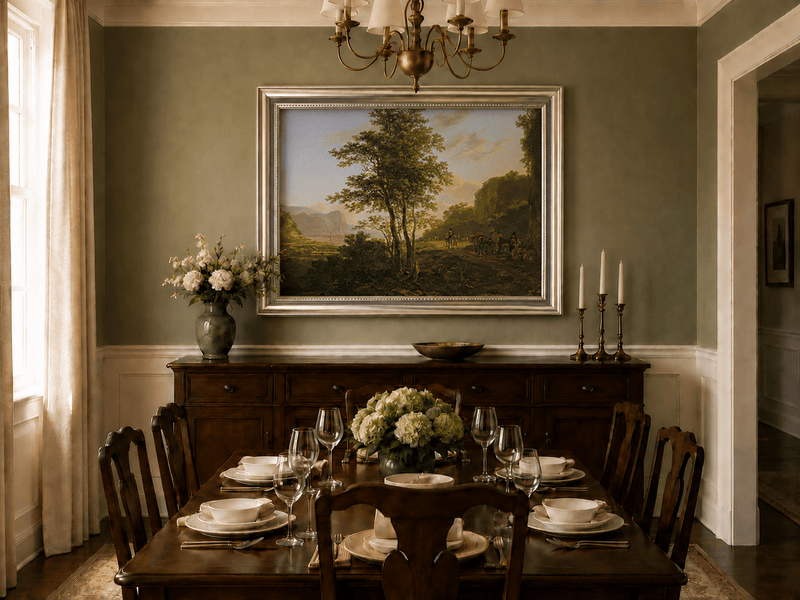 Dusk mountain path and travelers oil landscape artwork shown in a styled home interior.
