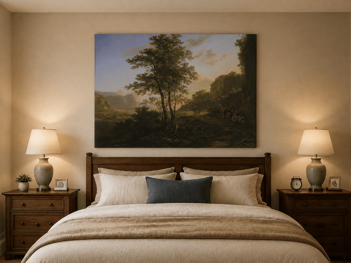 Mountain path at dusk oil painting displayed as landscape wall decor.