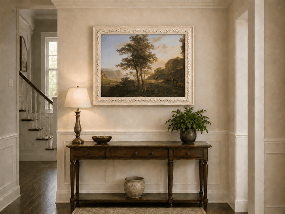 Mountain path travelers at dusk hand-painted oil artwork shown as home wall decor.
