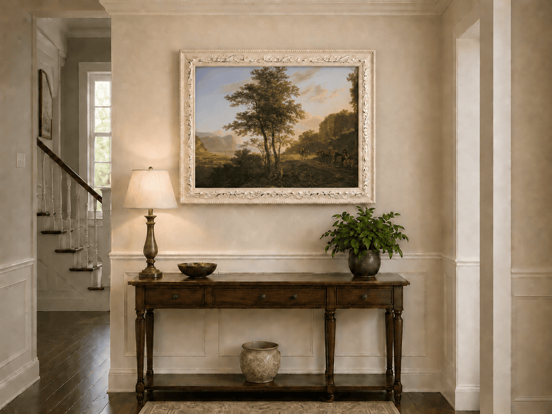 Mountain path travelers at dusk hand-painted oil artwork shown as home wall decor.