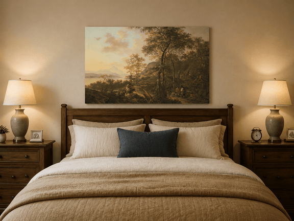 Mountain path at sunset oil painting displayed as landscape wall decor.