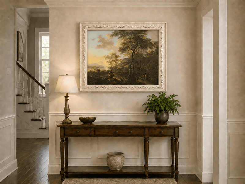 Mountain path travelers at sunset hand-painted oil artwork shown as home wall decor.