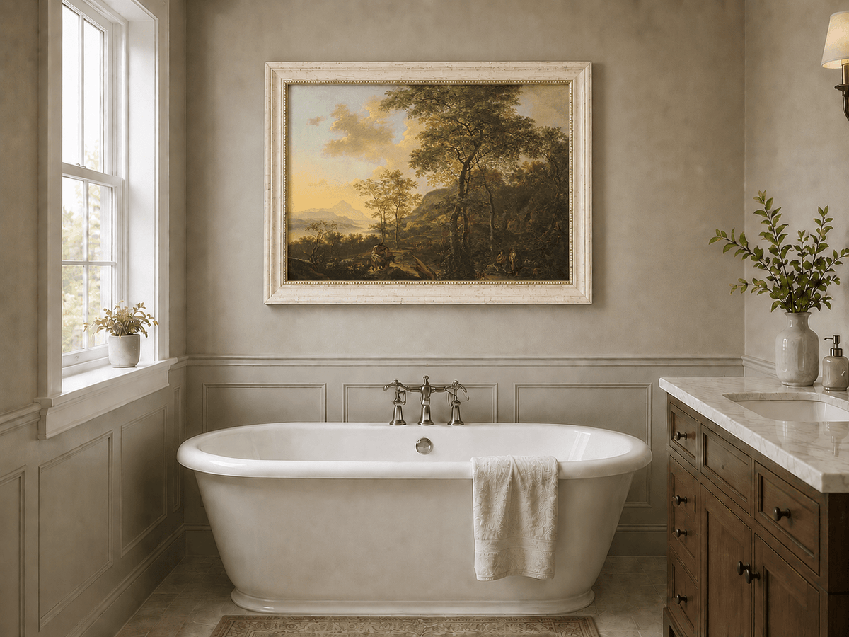 Mountain path with travelers at sunset landscape oil painting presented as interior home decor.