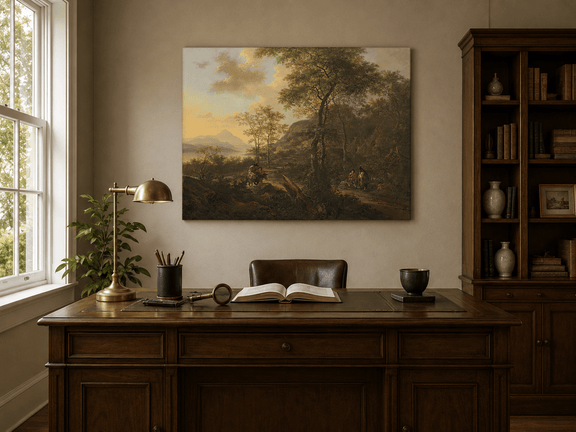 Interior wall art view featuring a mountain path with travelers at sunset oil painting.