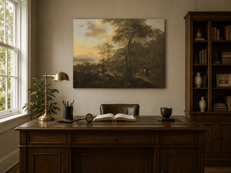 Interior wall art view featuring a mountain path with travelers at sunset oil painting.