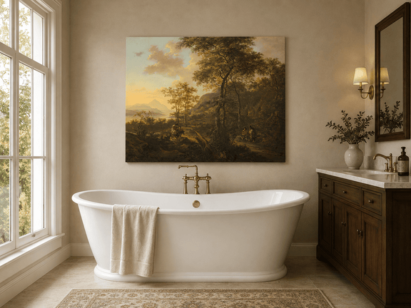 Mountain path with travelers at sunset landscape oil painting presented as styled home decor.