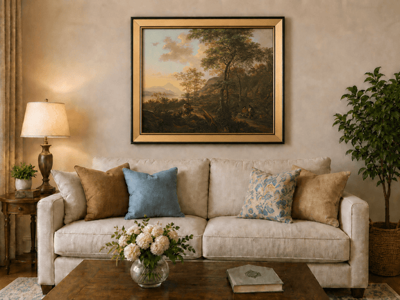 Mountain path with travelers at sunset landscape oil painting displayed in a styled home interior.