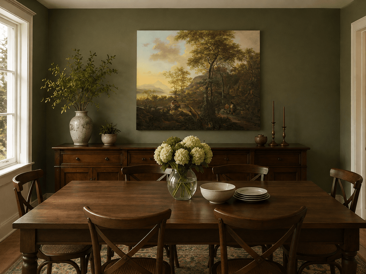 Hand-painted mountain path with travelers landscape artwork in an interior display.