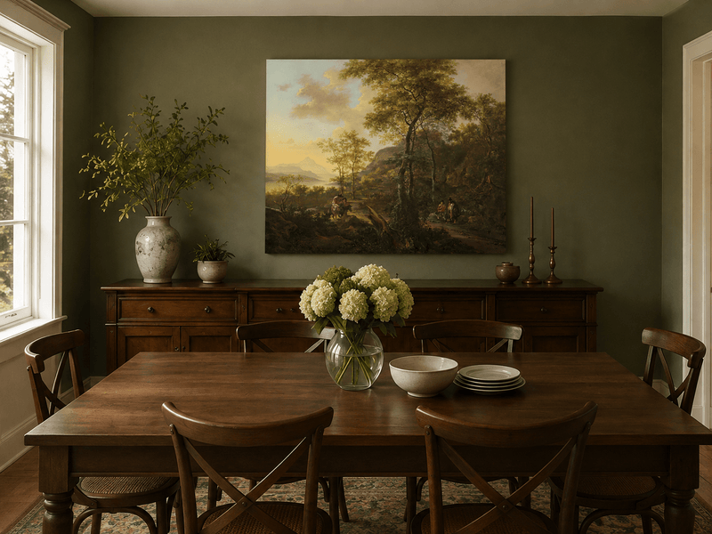 Hand-painted mountain path with travelers landscape artwork in an interior display.