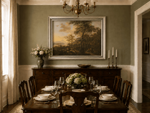 Sunset mountain path and travelers oil landscape artwork shown in a styled home interior.