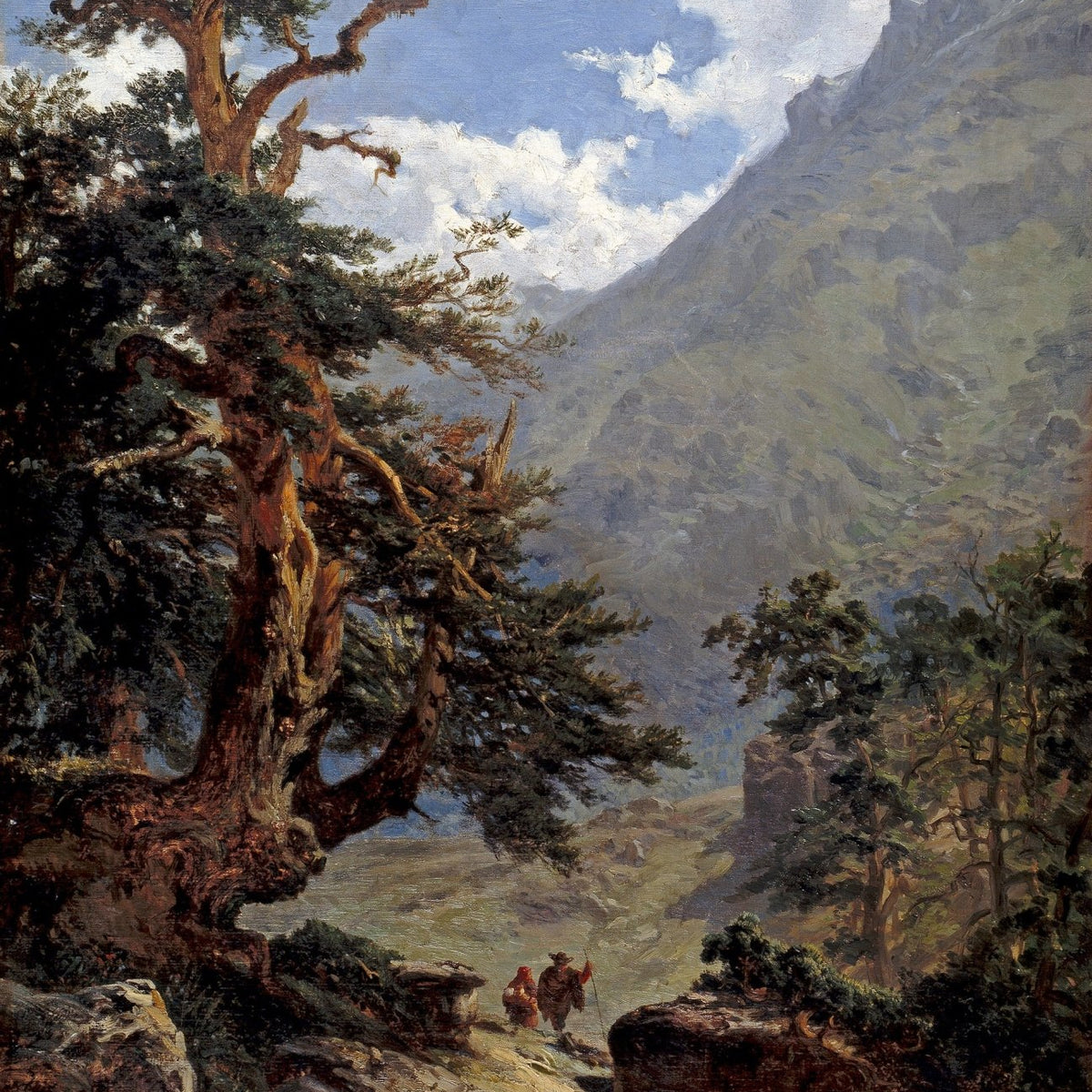 Hand-painted mountain path with travelers landscape oil painting on canvas