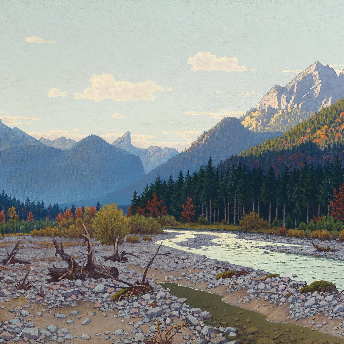 Landscape Oil Painting - mountain river autumn pebble bank driftwood - Oil Painting Haven