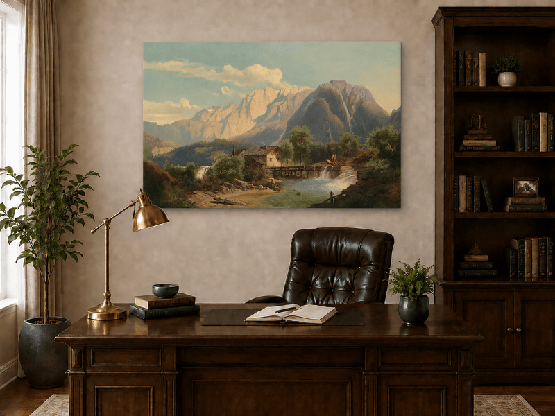 Landscape Oil Painting - Mountain River Cottage with Waterfall