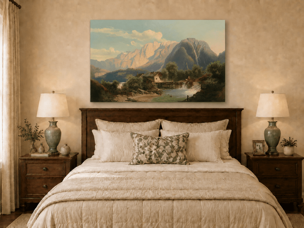 Landscape Oil Painting - Mountain River Cottage with Waterfall