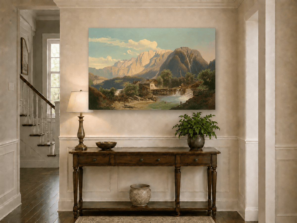 Landscape Oil Painting - Mountain River Cottage with Waterfall