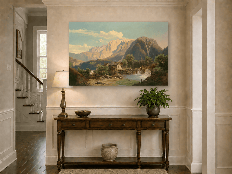 Landscape Oil Painting - Mountain River Cottage with Waterfall