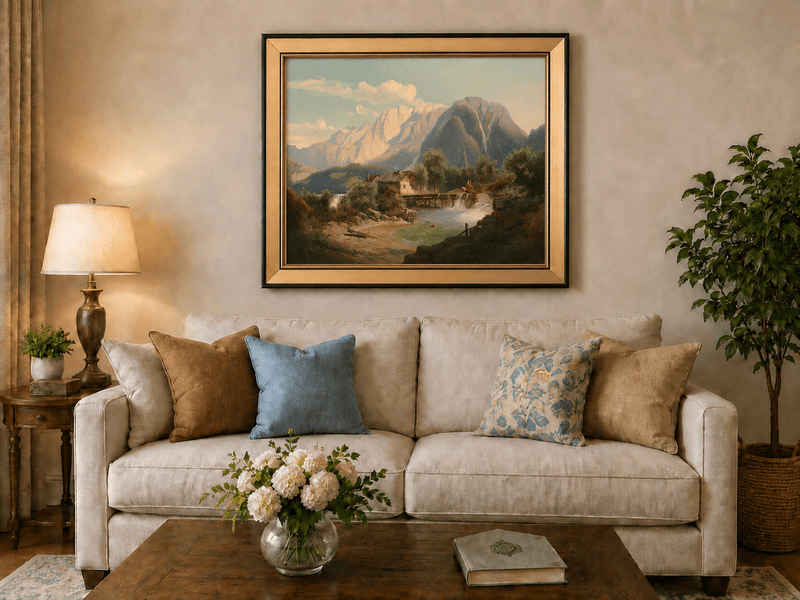 Landscape Oil Painting - Mountain River Cottage with Waterfall