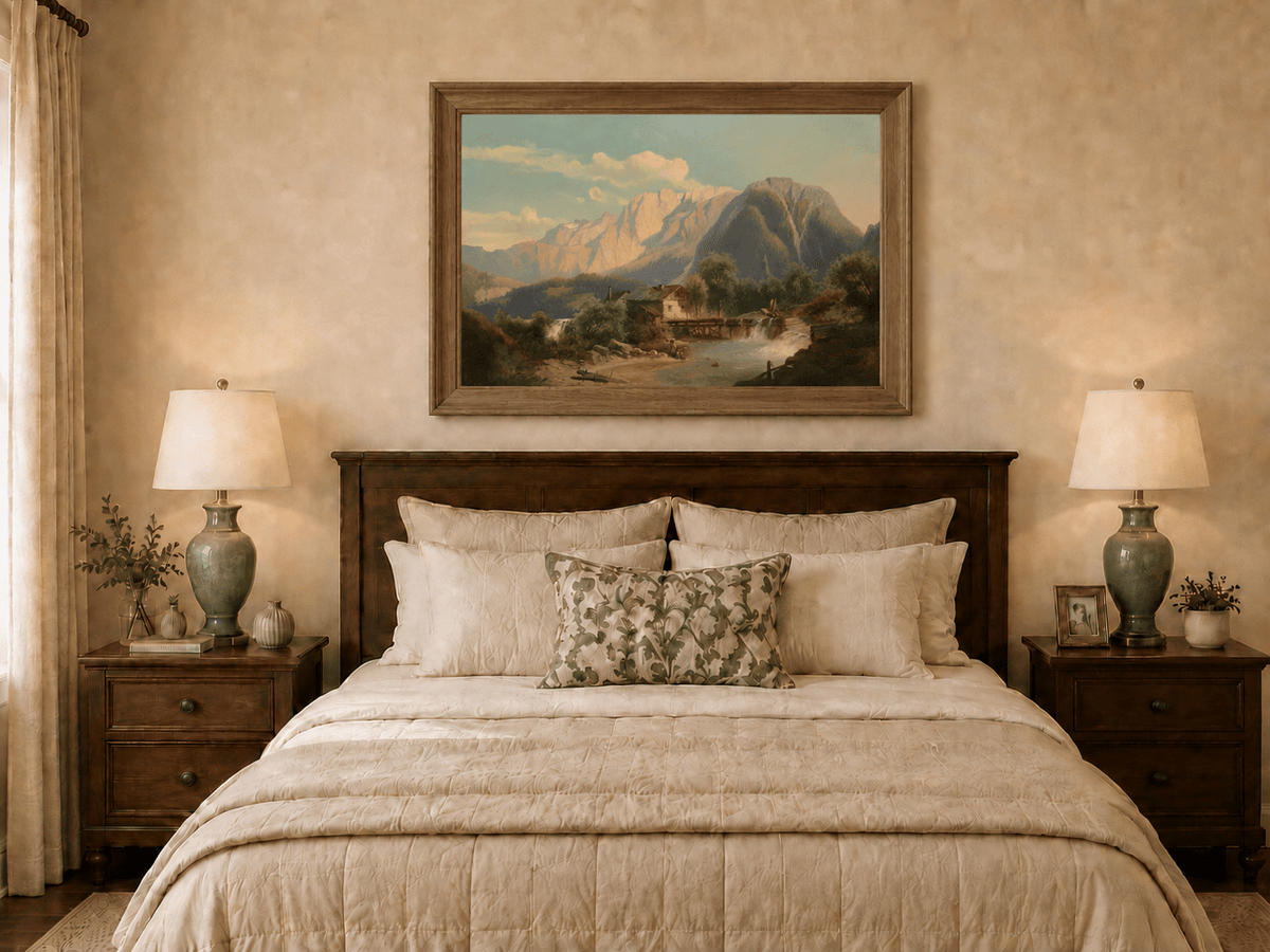 Landscape Oil Painting - Mountain River Cottage with Waterfall