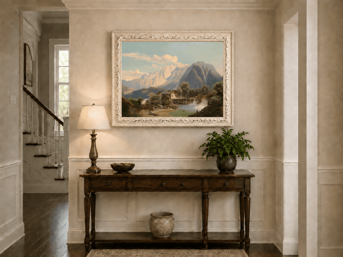 Landscape Oil Painting - Mountain River Cottage with Waterfall