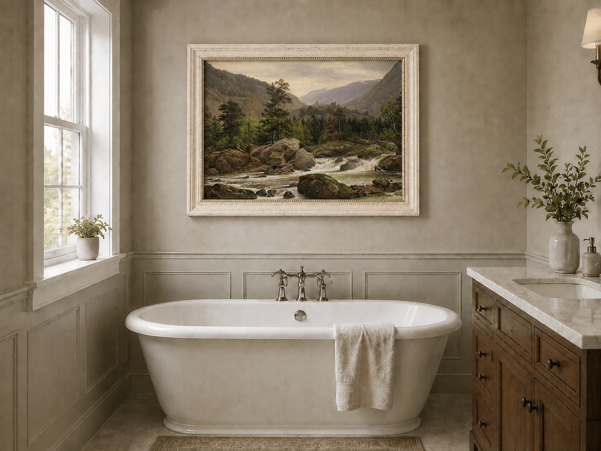 Landscape Oil Painting - Mountain River Rapids and Forest Valley