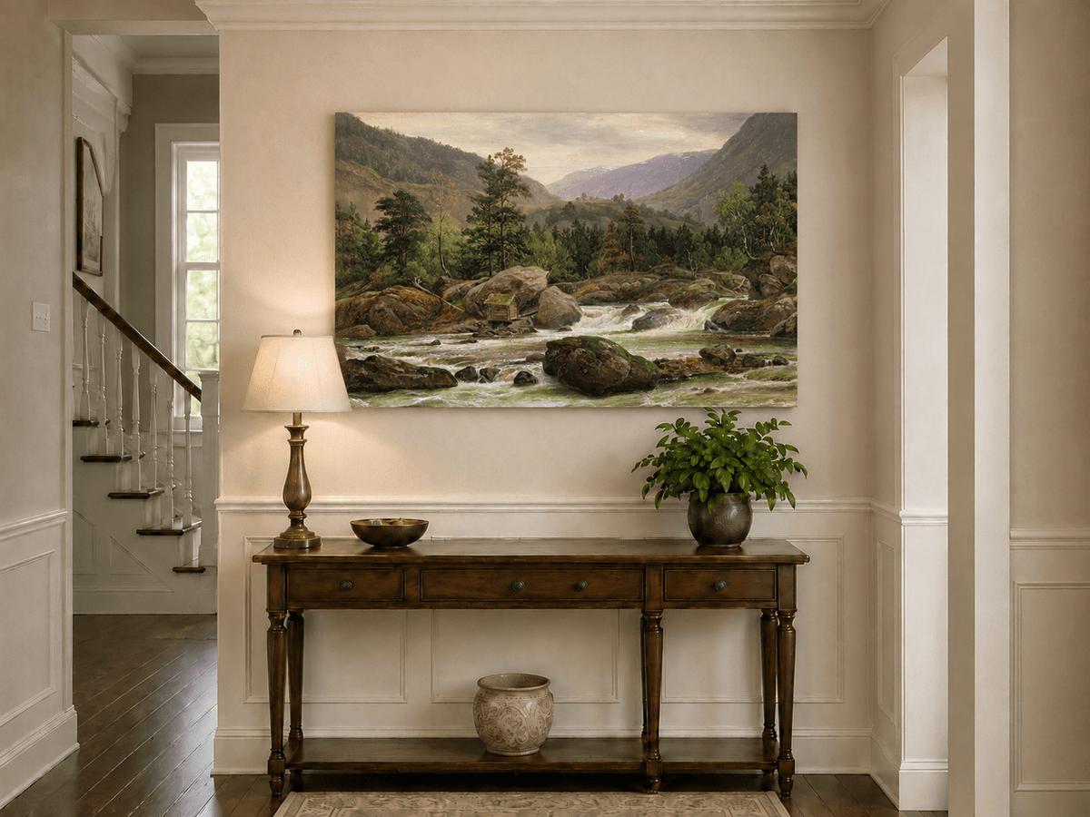 Landscape Oil Painting - Mountain River Rapids and Forest Valley