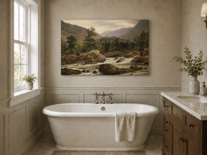 Landscape Oil Painting - Mountain River Rapids and Forest Valley