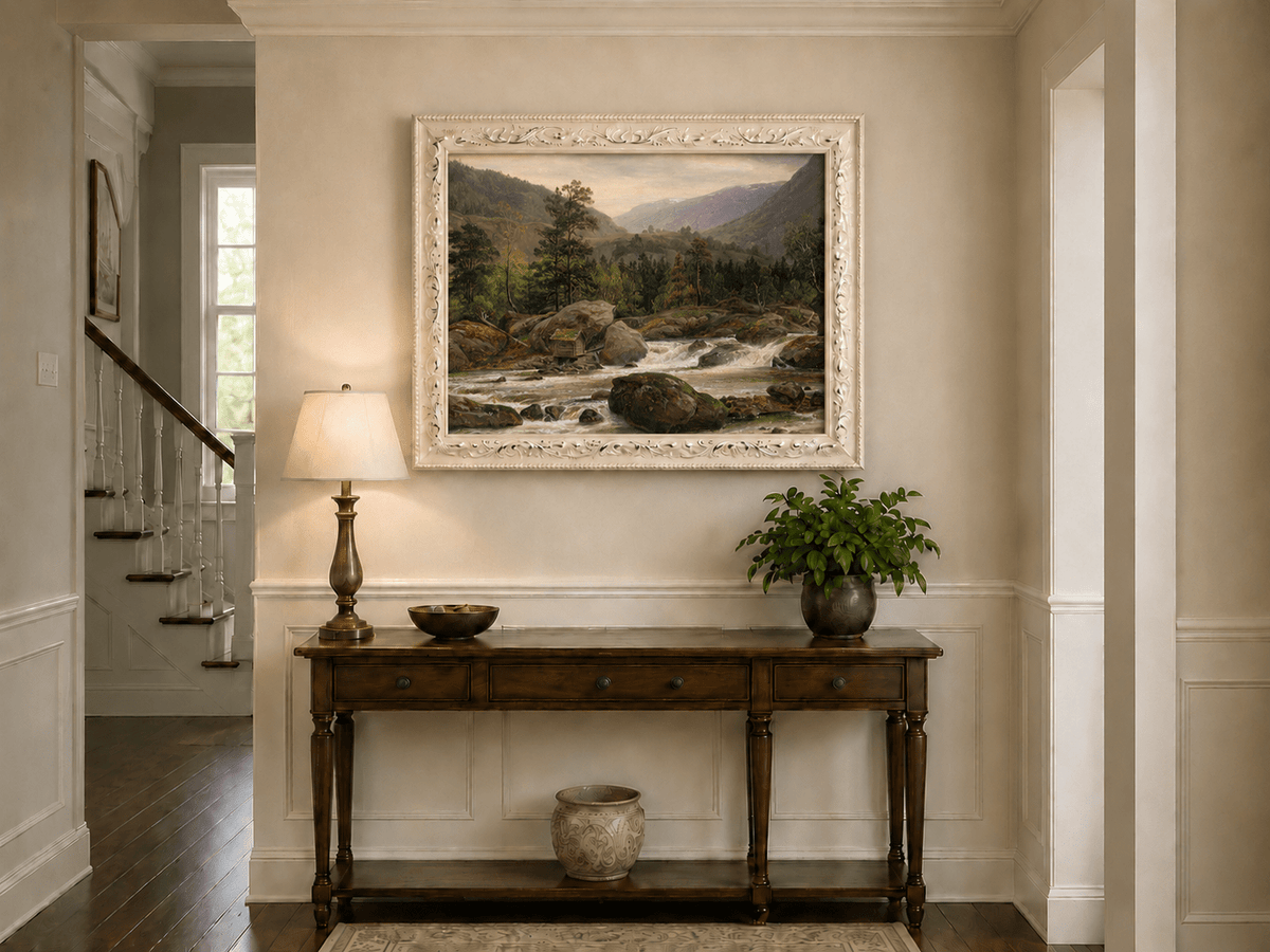 Landscape Oil Painting - Mountain River Rapids and Forest Valley