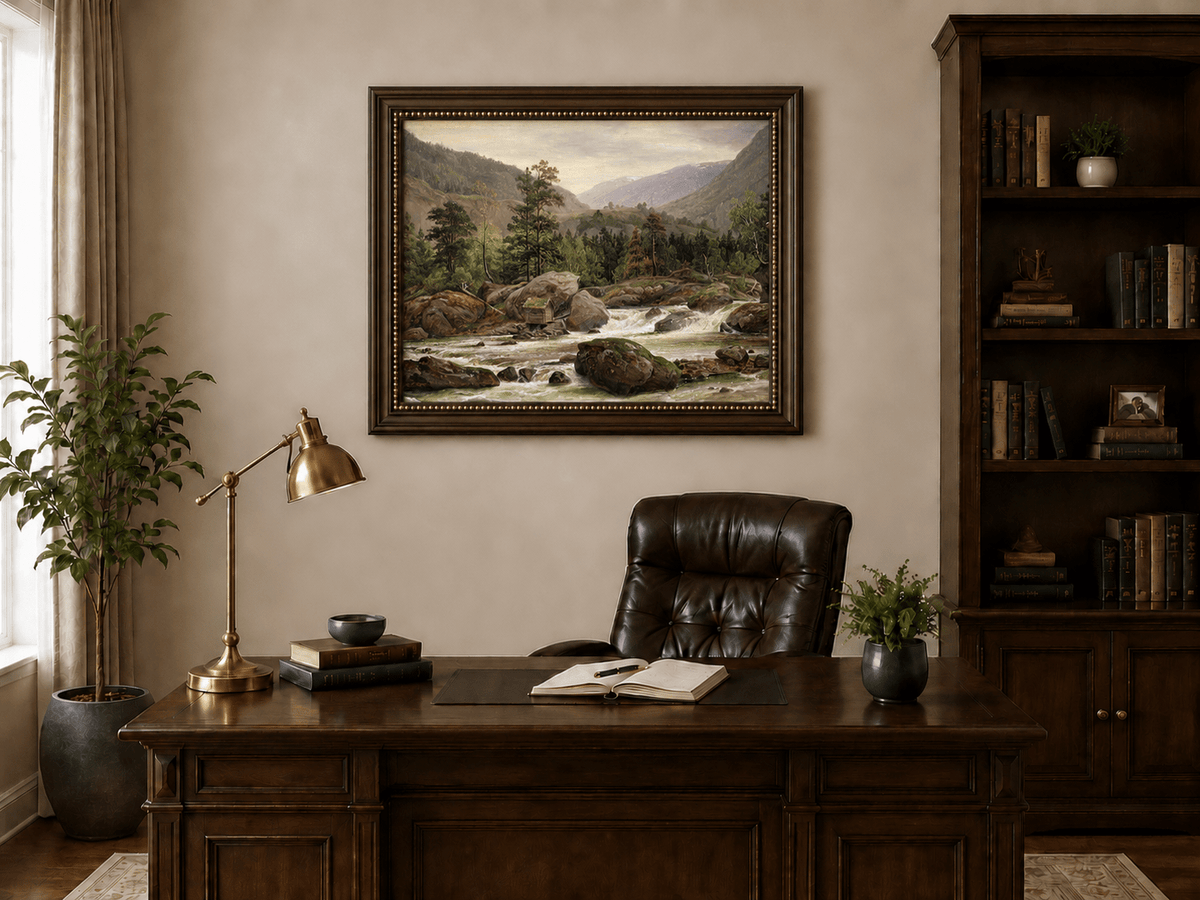 Landscape Oil Painting - Mountain River Rapids and Forest Valley