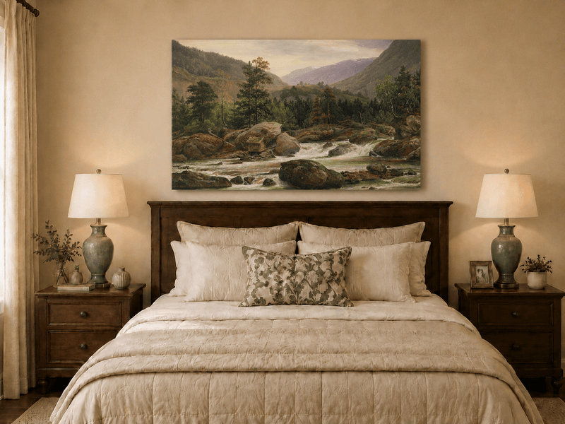 Landscape Oil Painting - Mountain River Rapids and Forest Valley