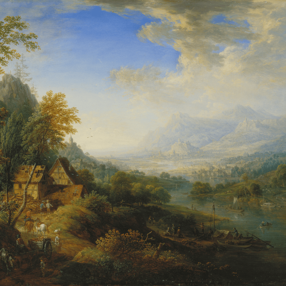 Hand-painted mountain river valley with boats landscape oil painting on canvas