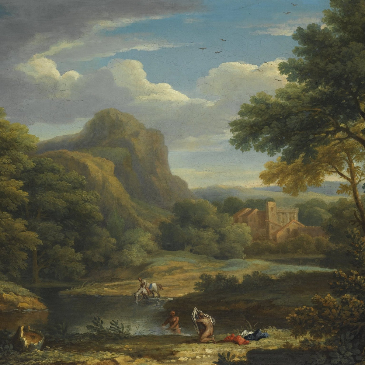 Landscape Oil Painting - Mountain River Valley with Figures and Trees - Oil Painting Haven
