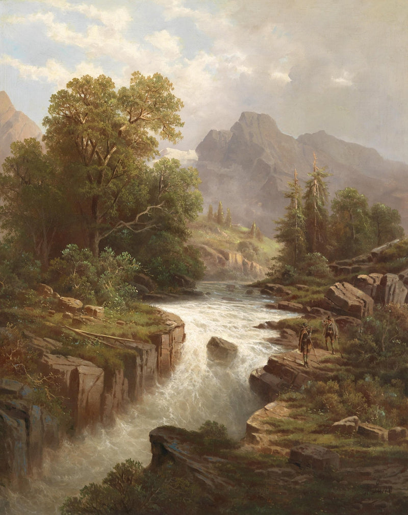 Landscape Oil Painting - Mountain River, Waterfall, Hikers & Alpine Peaks - Oil Painting Haven