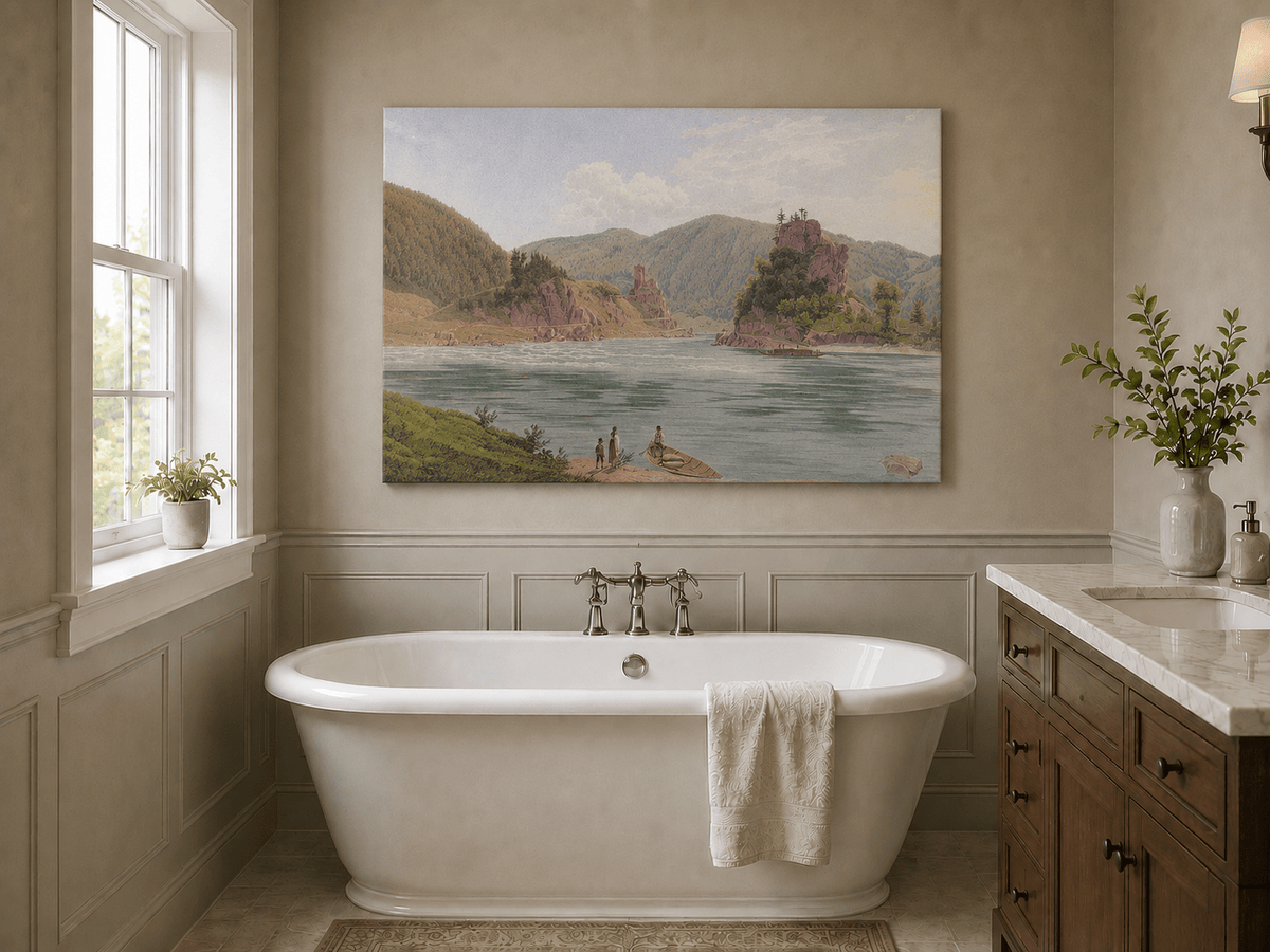 Landscape Oil Painting - Mountain River with Boat and Rocky Hills