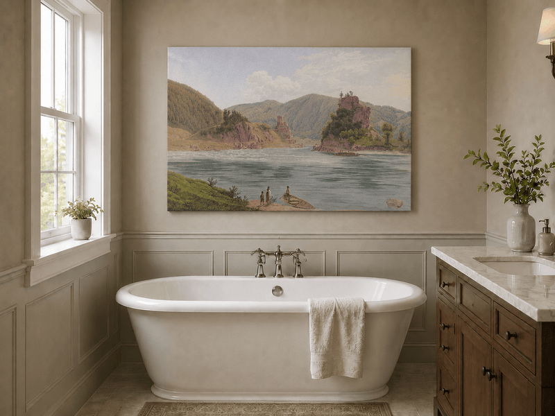 Landscape Oil Painting - Mountain River with Boat and Rocky Hills