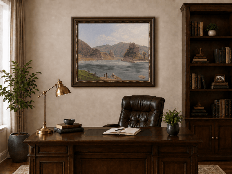 Landscape Oil Painting - Mountain River with Boat and Rocky Hills