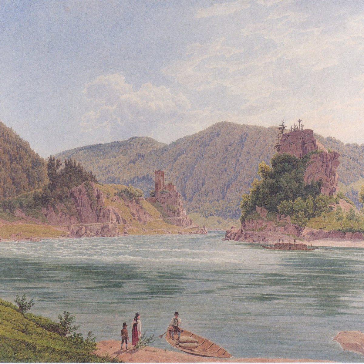 Hand-painted mountain river with boat and rocky hills landscape oil painting on canvas