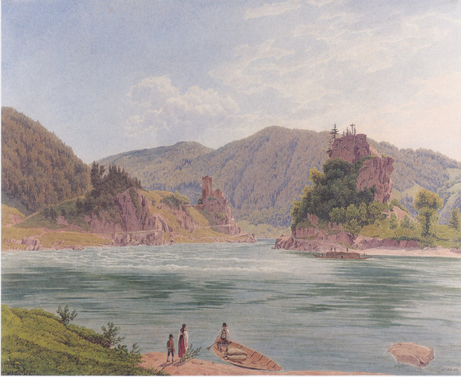 Hand-painted mountain river with boat and rocky hills landscape oil painting on canvas