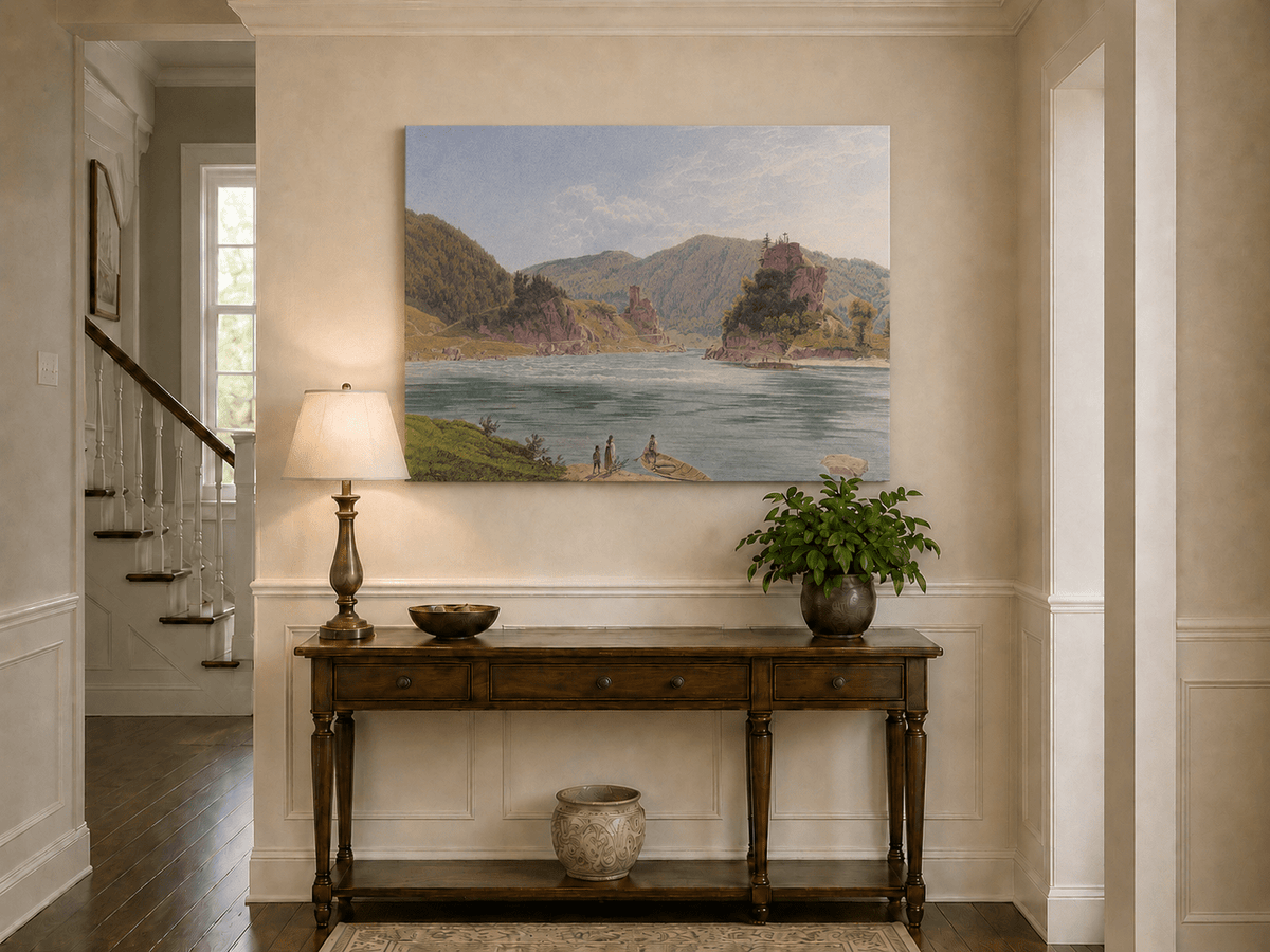 Landscape Oil Painting - Mountain River with Boat and Rocky Hills