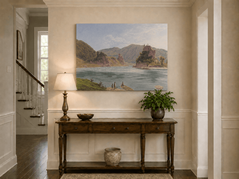 Landscape Oil Painting - Mountain River with Boat and Rocky Hills