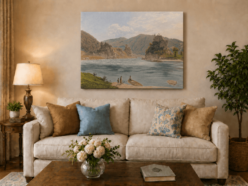 Landscape Oil Painting - Mountain River with Boat and Rocky Hills